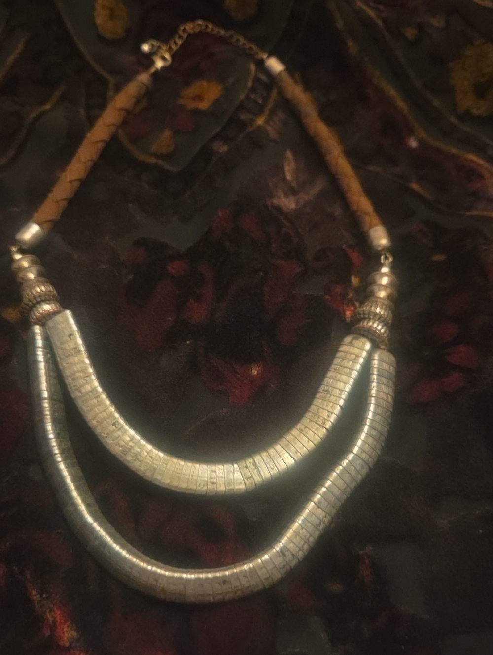 Silver Double-Row Statement Necklace with Brown Braided Cord